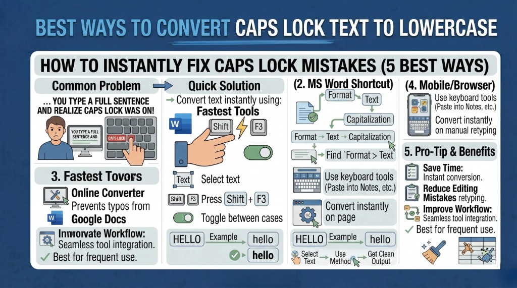 Infographic explaining the best tools to convert text typed with Caps Lock on into lowercase, including Word, Google Docs, online converters, and mobile apps.