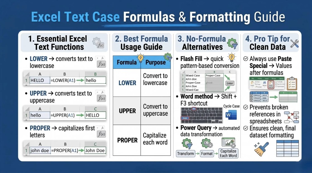 Excel text case formulas guide showing LOWER, UPPER, and PROPER functions along with Flash Fill and Power Query methods for converting uppercase to lowercase