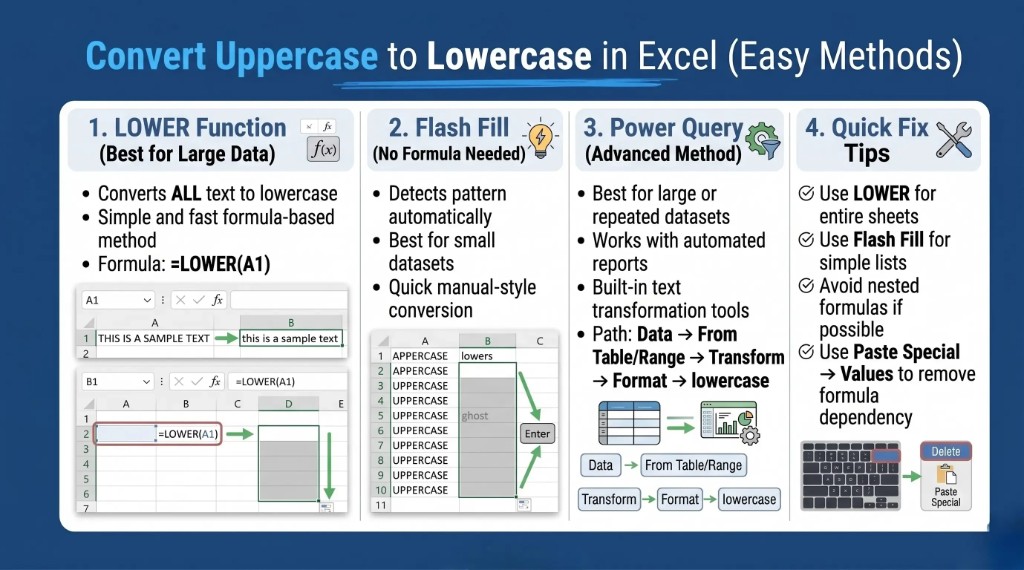 How to convert uppercase to lowercase in Excel using LOWER formula, Flash Fill, and Power Query methods for fast and advanced text formatting