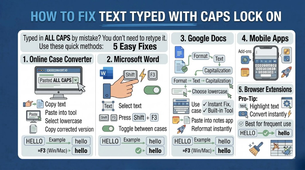 Infographic showing five easy ways to fix text typed with Caps Lock on using online tools, Word shortcut, Google Docs, mobile apps, and browser extensions.