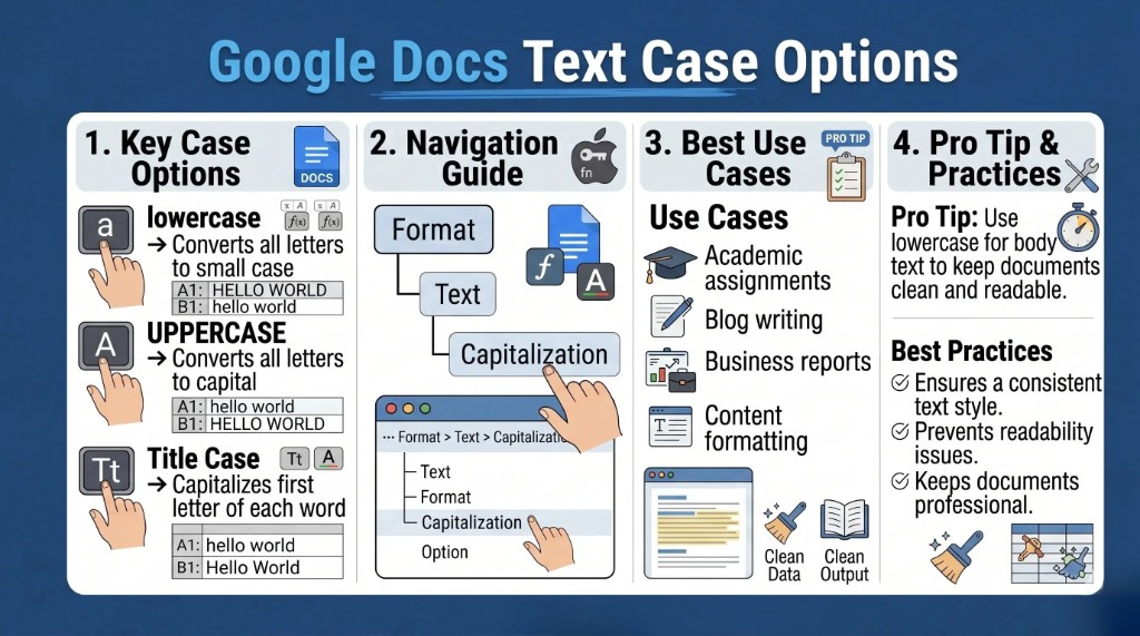 Google Docs capitalization menu showing steps to convert uppercase text to lowercase using the Format → Text → Capitalization option.