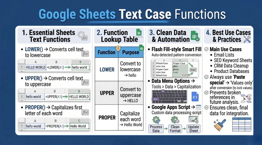 Google Sheets LOWER function demonstration showing how to convert uppercase text into lowercase using a simple formula in a spreadsheet