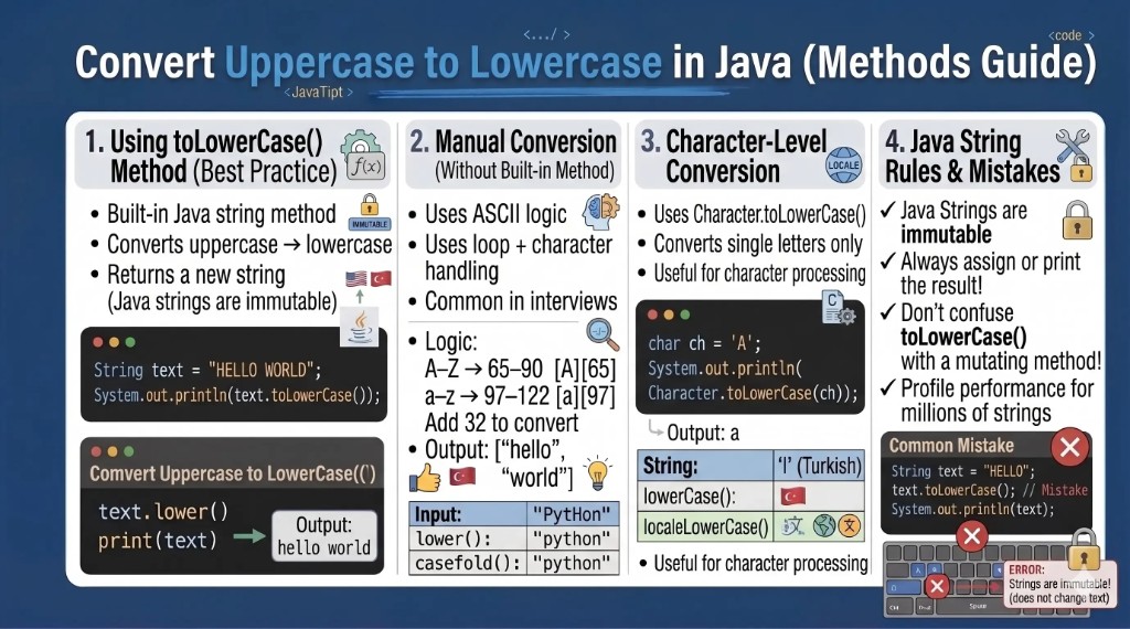 How to convert uppercase to lowercase in Java using toLowerCase() method, Character.toLowerCase(), and manual ASCII conversion with examples and code snippets