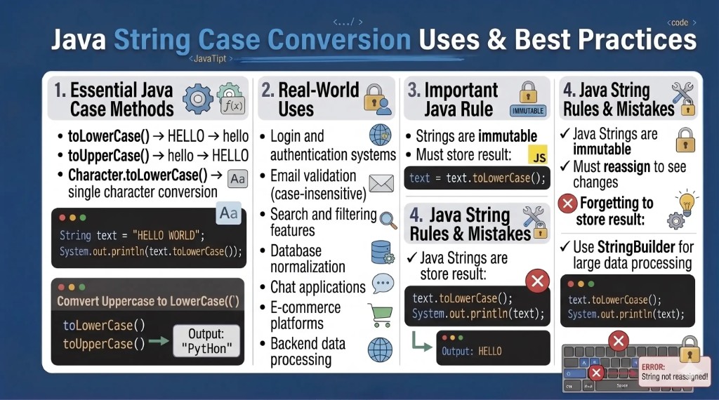 Java string case conversion guide showing toLowerCase(), Character.toLowerCase(), ASCII logic, real-world uses, and best practices for uppercase to lowercase conversion