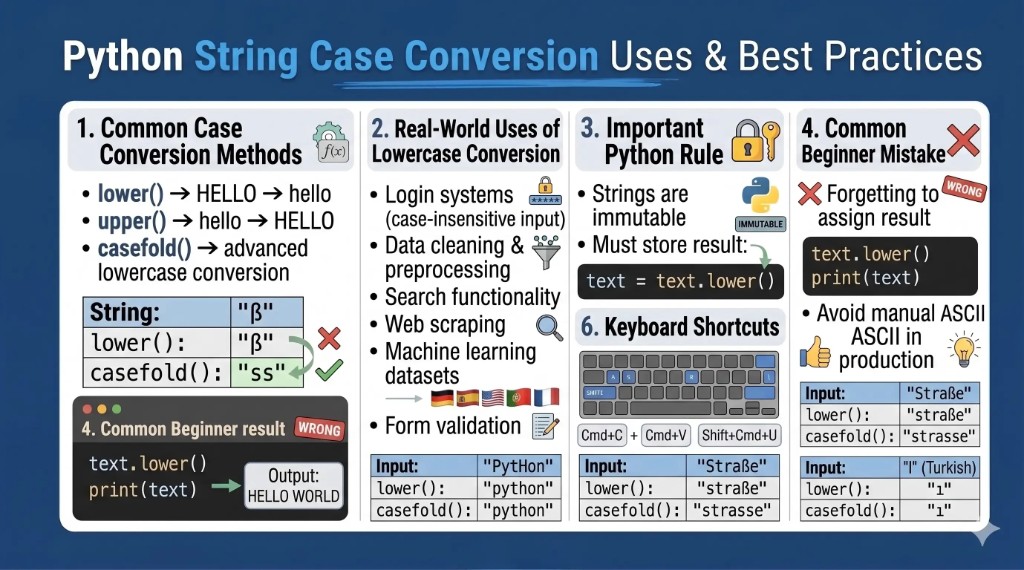 Python string case conversion guide showing lower(), upper(), casefold(), real-world uses, best practices, and common mistakes in uppercase to lowercase conversion