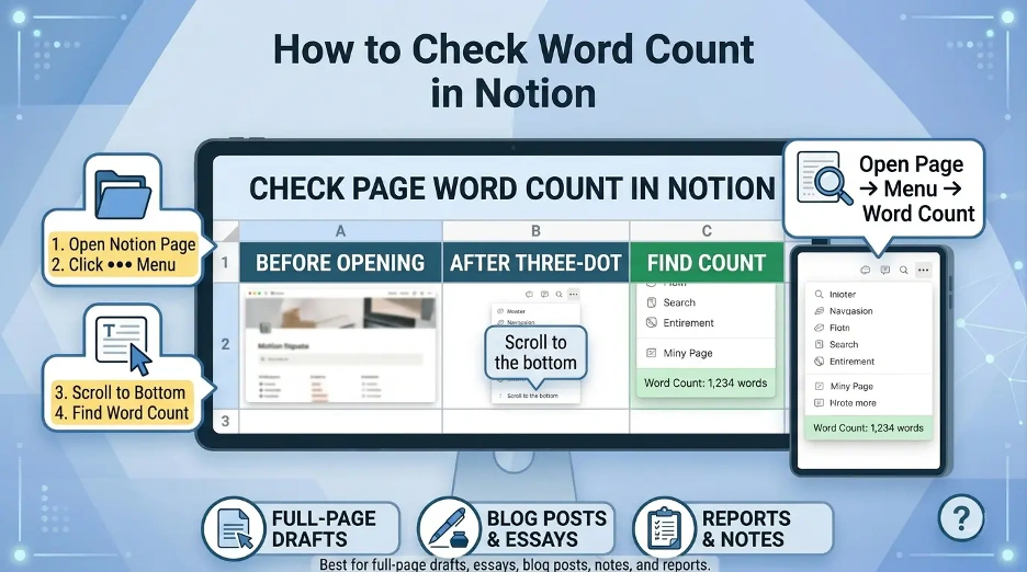 Infographic showing how to check word count in Notion using the three-dot page menu